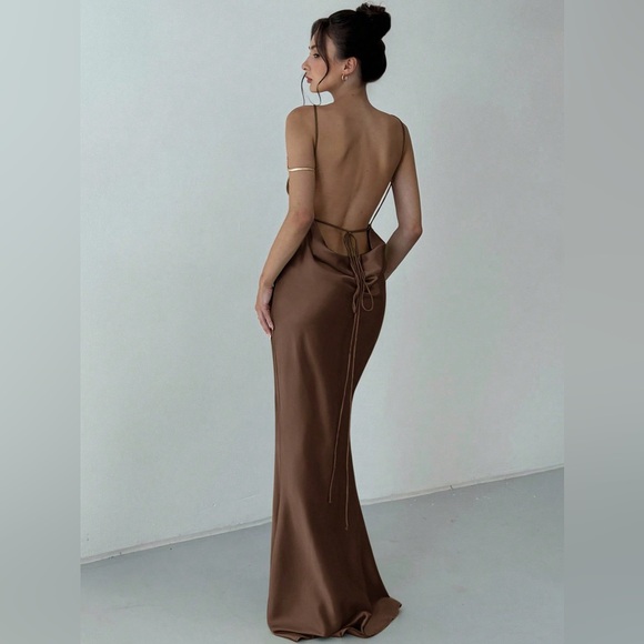 Black silk slip dress backless tie cami maxi dress draped low back cocktail - Picture 6 of 7